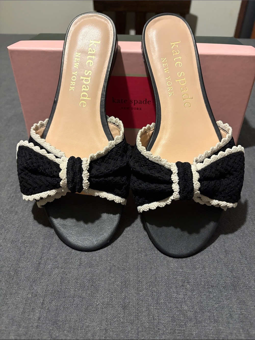 kate spade Black Slide Mules with Cream Trim Bow